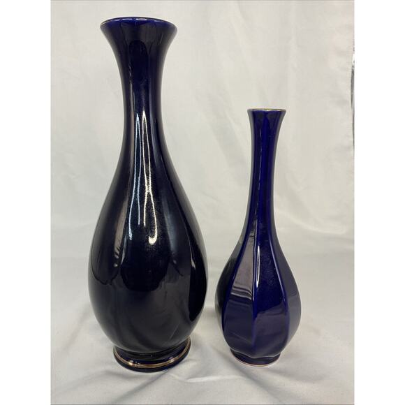 VTG ASIAN DARK BLUE COBALT VASES FLORAL PHEASANT BIRD MOTIFS - Picture 5 of 8